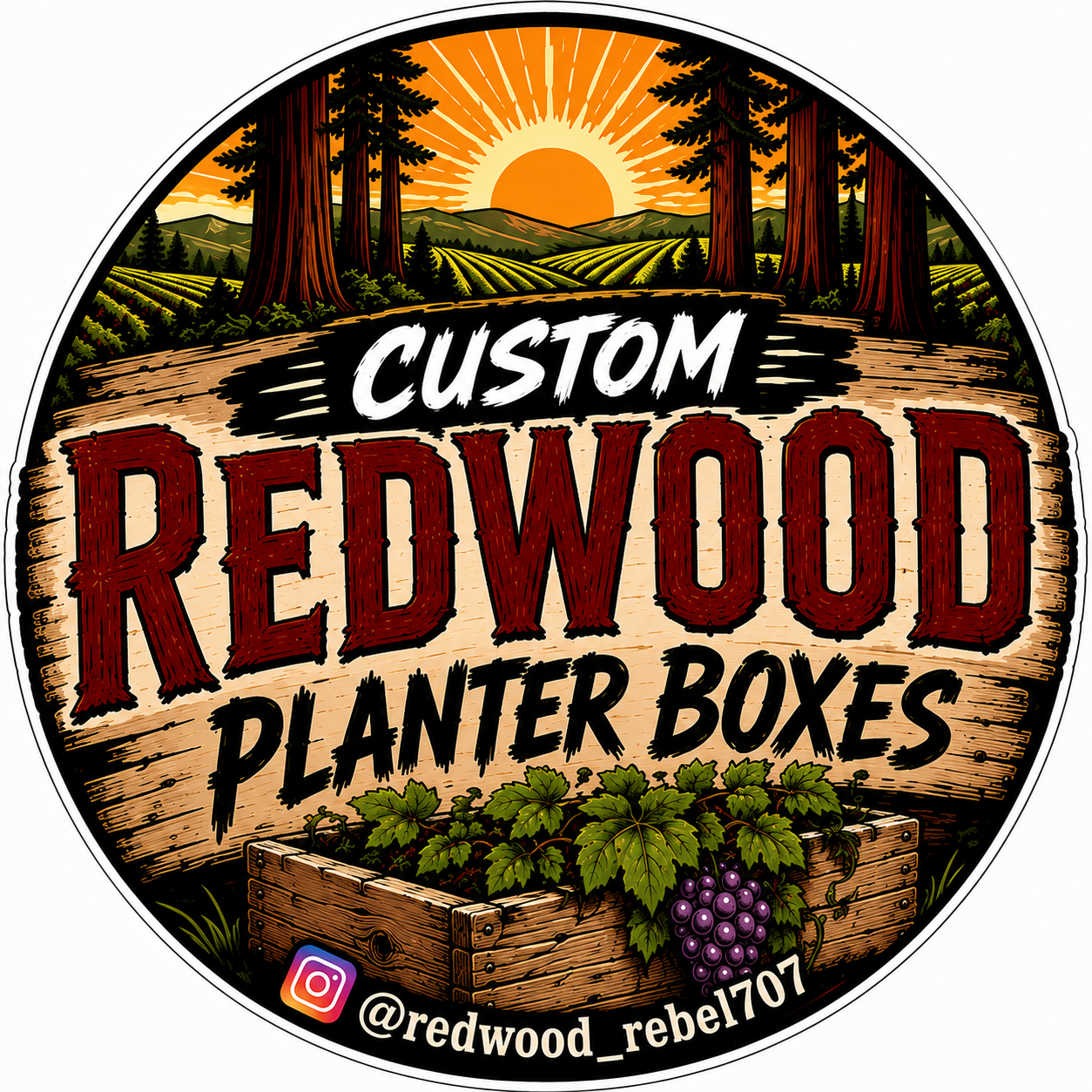 Redwood Rebel logo with redwood trees and planter box illustration